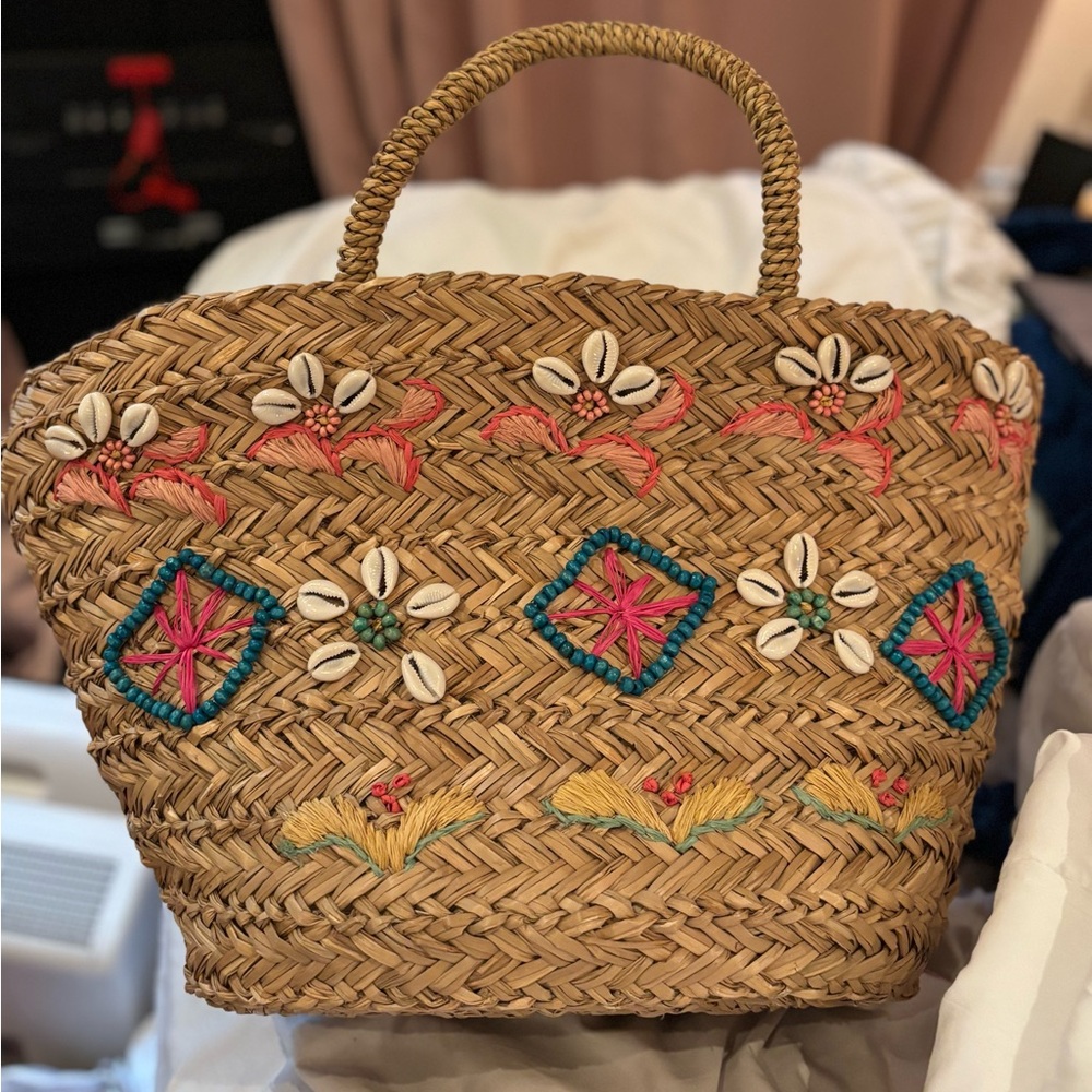 Colorful Embroidered Straw Tote